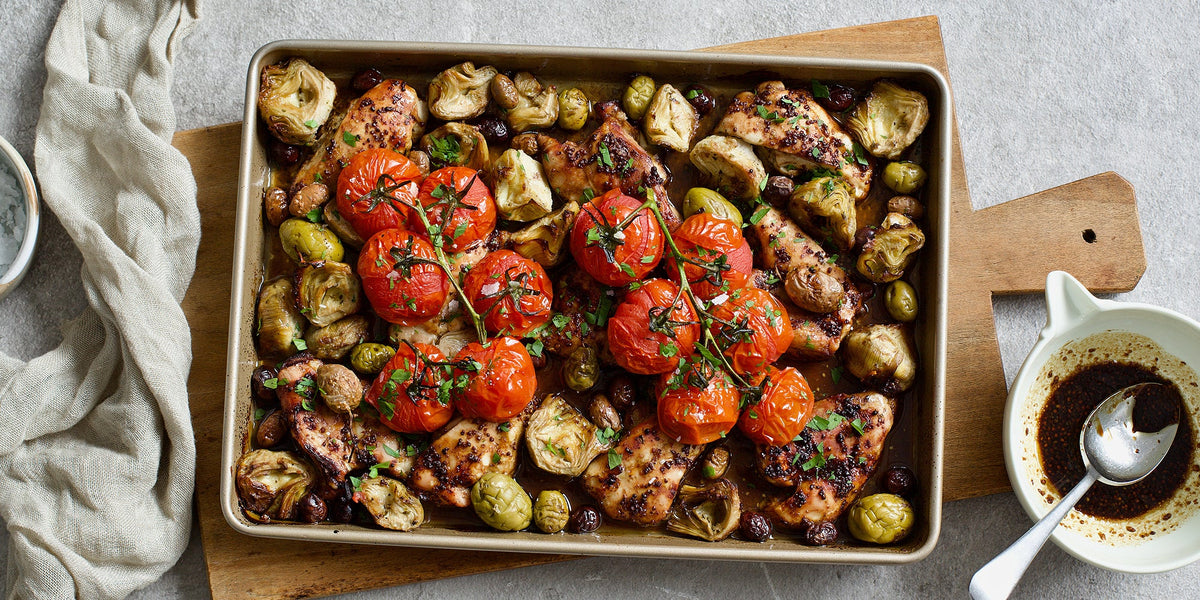 Vincotto Chicken Traybake with Artichokes and Olives – Sabato