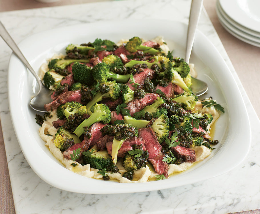 Rare Beef & Broccoli with Caper & Raisin Dressing & White Bean Purée – Sabato