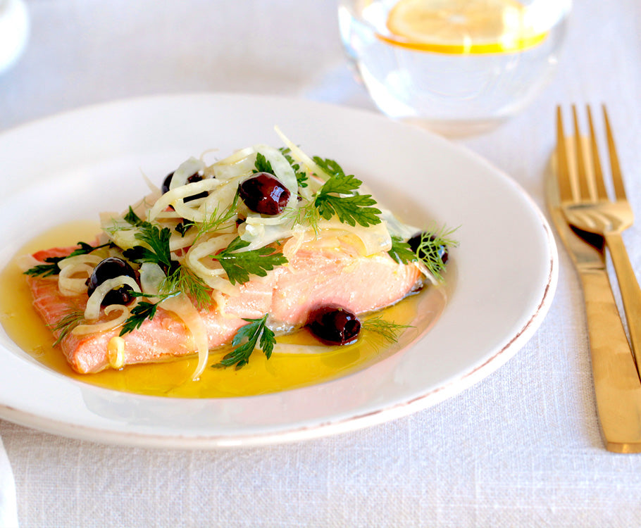 Salmon Poached in EVO with Fennel & Olive Salad – Sabato