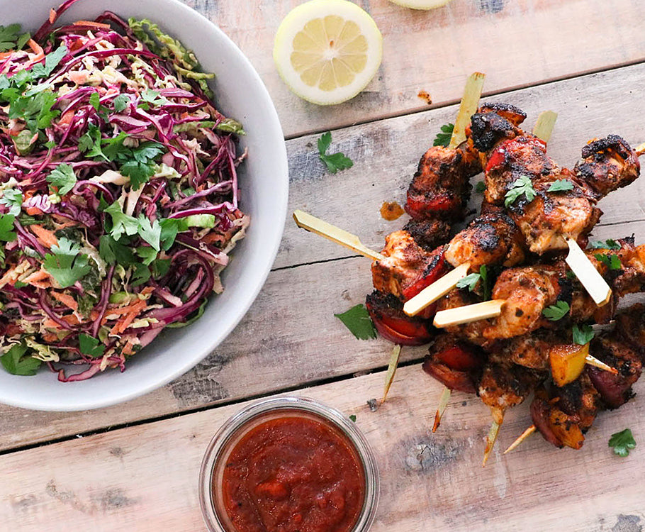 Smoked Paprika Chicken Skewers Wih Harissa Mayo Coleslaw Sabato