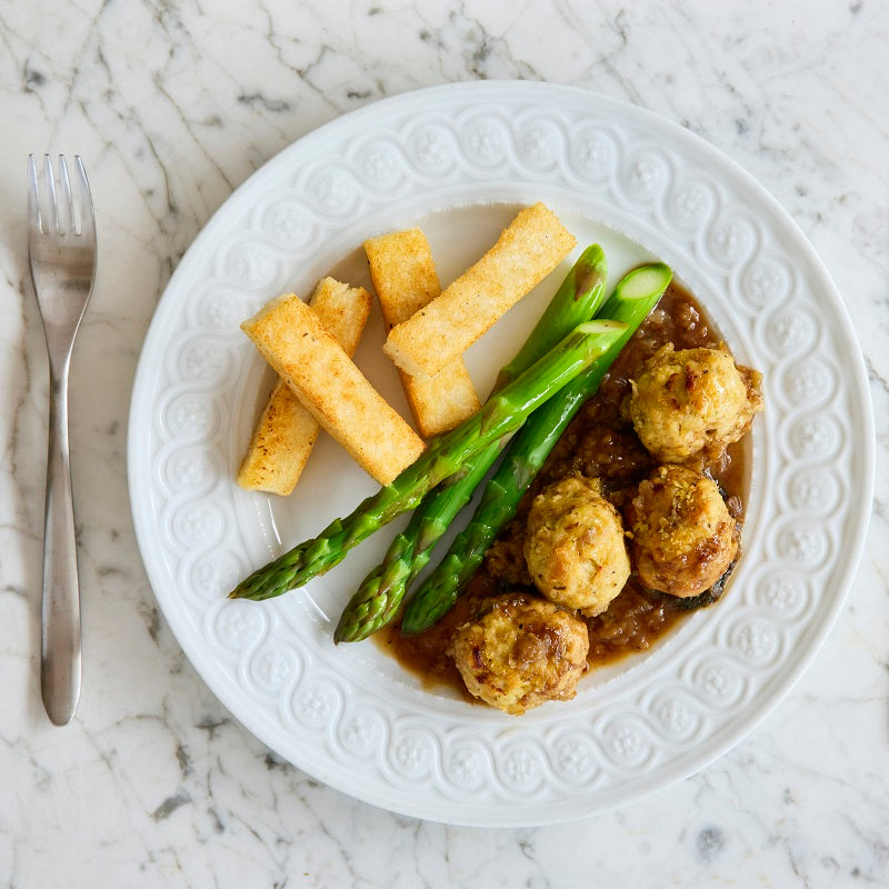 Roast Chicken Meatballs with Red Onion Gravy