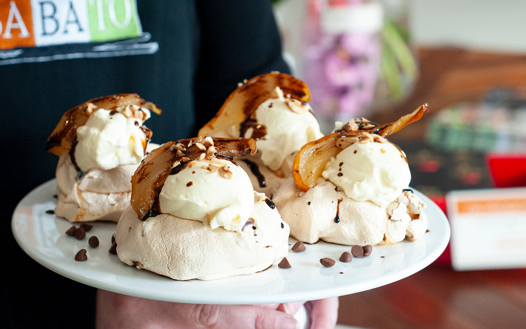 Sabato - Chocolate, Hazelnut & Vincotto Pavlovas with Verjuice Roasted Pears