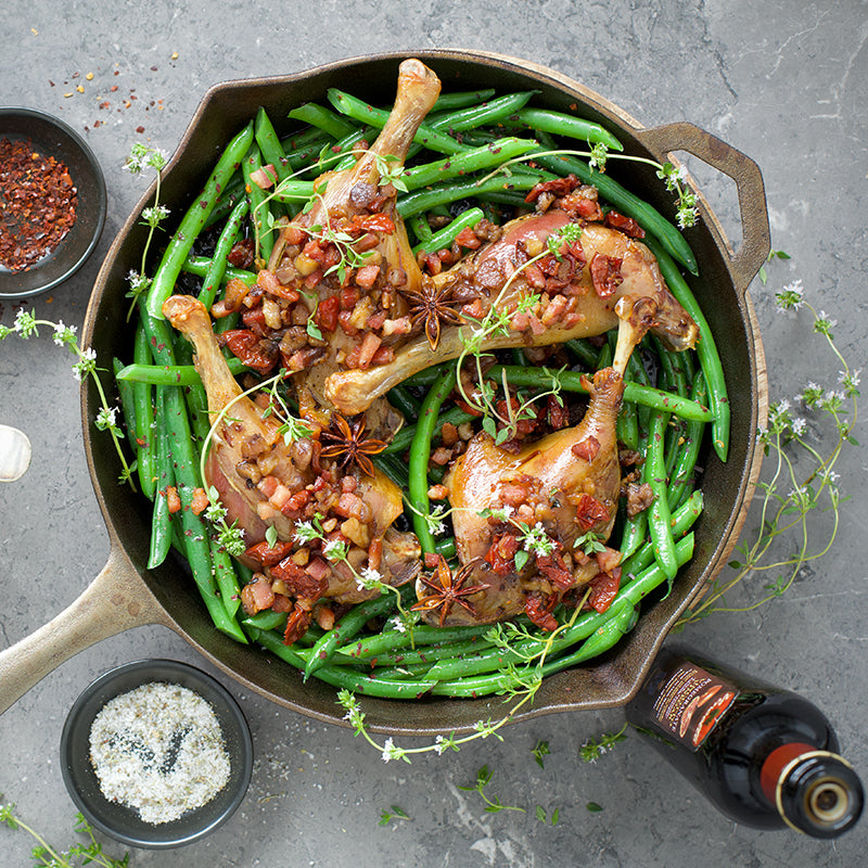 Duck Confit with Chestnut Pancetta Crumble & Green Beans