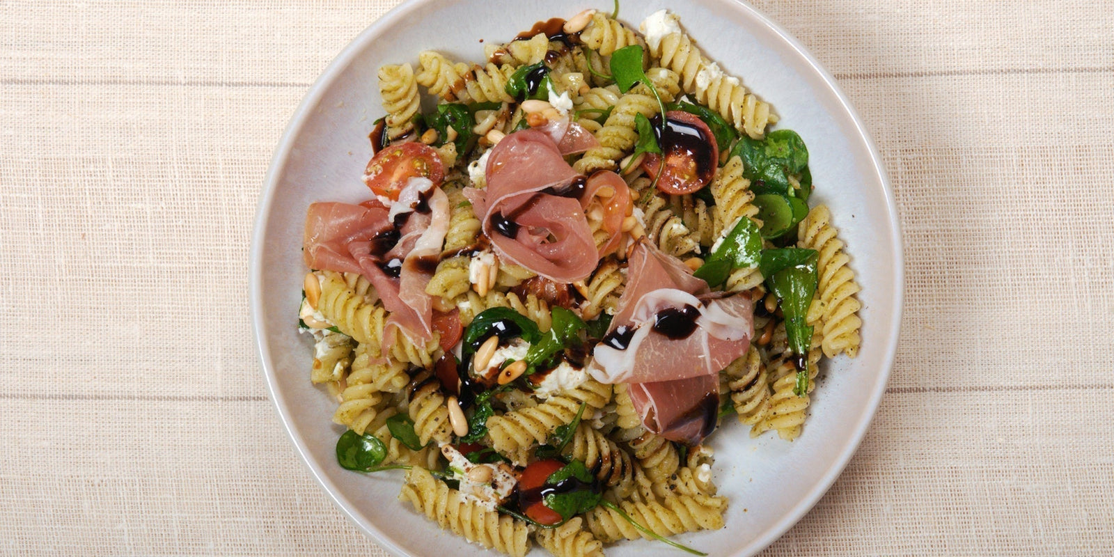 Fusilli with Pesto, Goat's Cheese and Balsamic Glaze