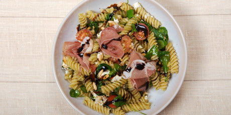 Fusilli with Pesto, Goat's Cheese and Balsamic Glaze