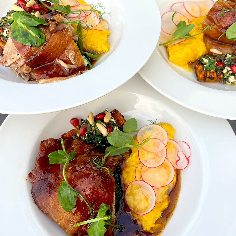 Whole Roasted Duck, Duck Porcini Jus and Truffled Creamed Sweetcorn Pu ...