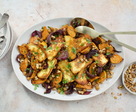 Maple Roasted Kumara and Chickpea Salad with Halloumi