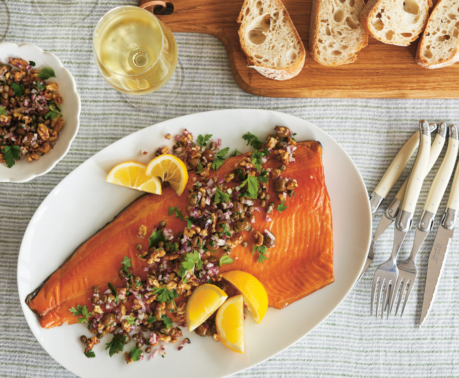 Smoked Salmon with Caper, Olive and Walnut Salsa