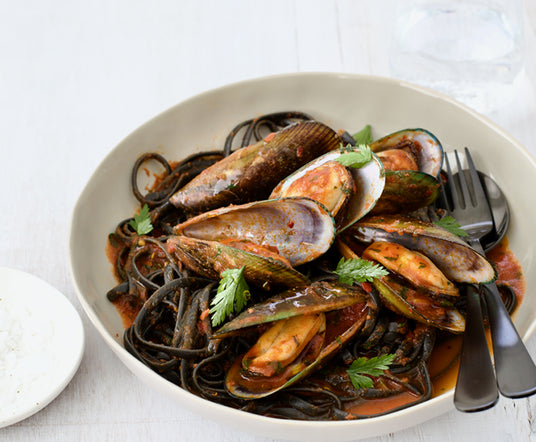 Squid Ink Linguine with Mussels & Nduja