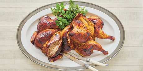 Vincotto-glazed, butterflied roast chicken with a choice of two stuffings