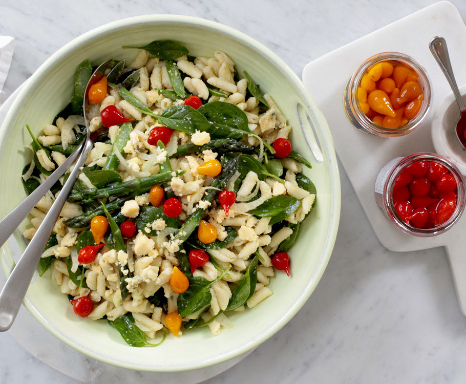 Cavatelli, Spring Greens & Pepper Drop Salad