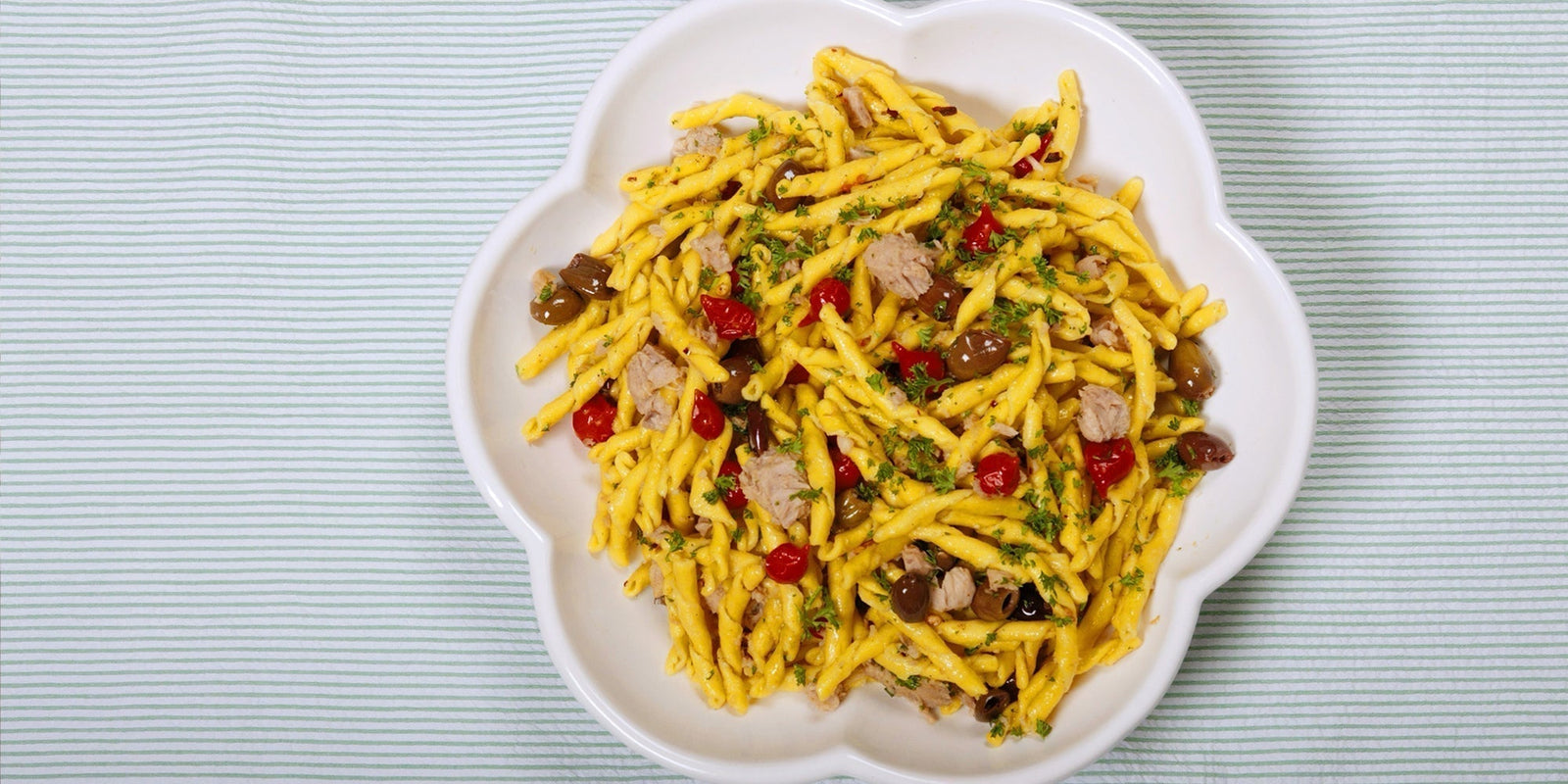 Lemon Fusilli with Tuna, Olives and Red Pepper Drops