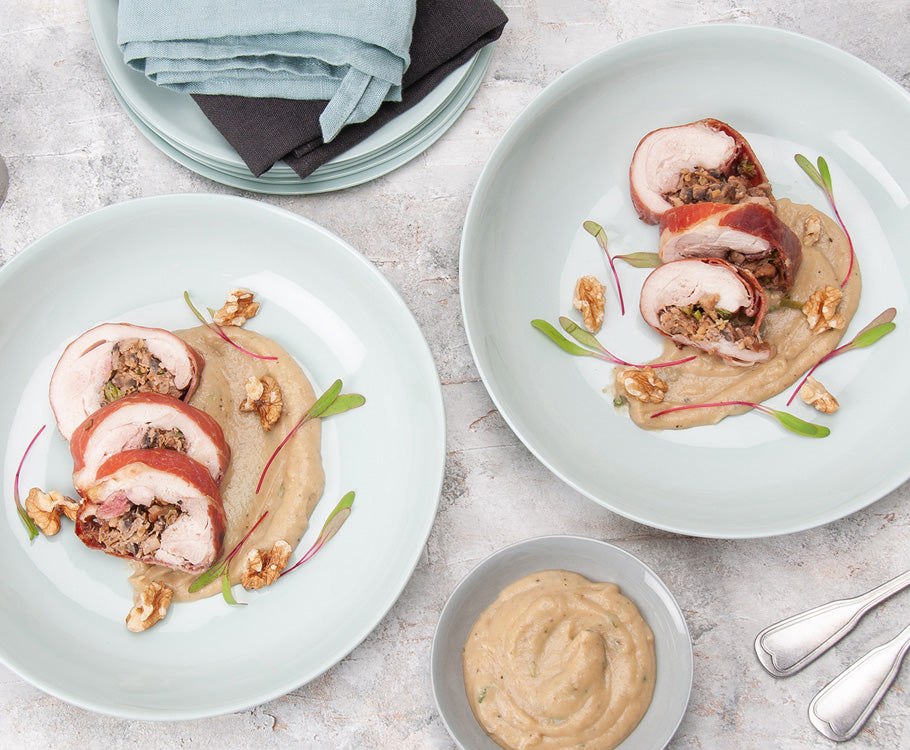 Prosciutto-Wrapped Chicken with Porcini & Walnut Stuffing & Caramelised Onion Sauce