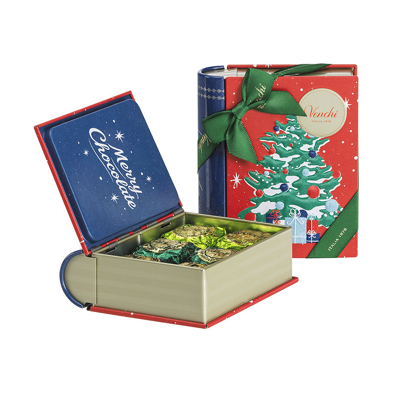 Venchi Festive Mini Book Tin 113g - Red with Tree | Buy Italian Chocolate in New Zealand | Sabato Auckland