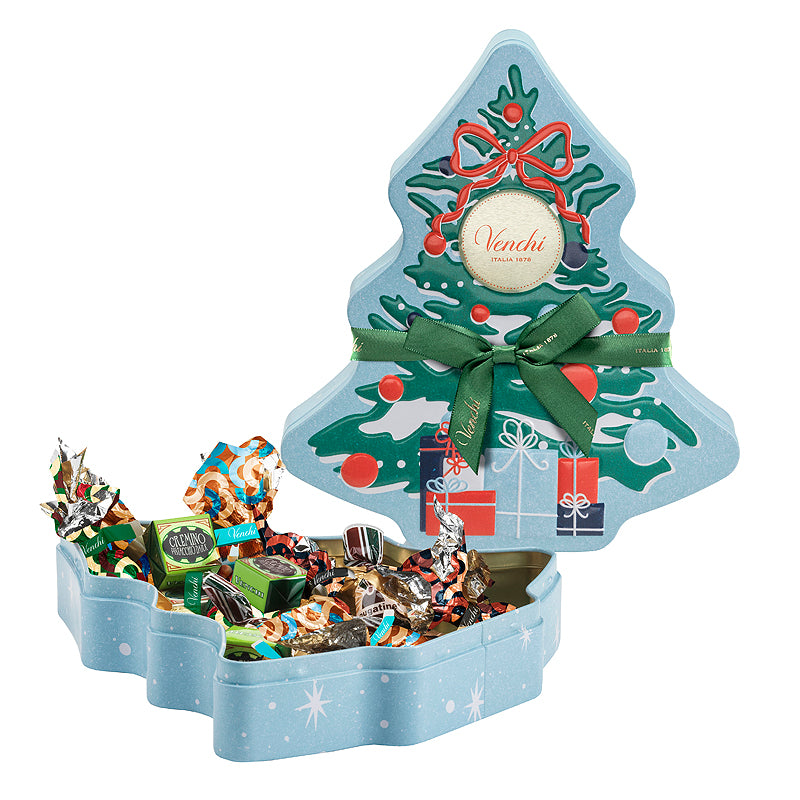 Venchi Christmas Tree Tin 223g Open | Italian Christmas Chocolates | New Zealand Delivery | Sabato Auckland