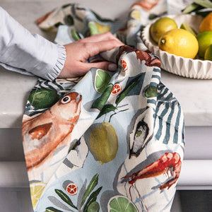 Load image into Gallery viewer, Bespoke Letterpress Tea Towel ~ Fish &amp; Citrus
